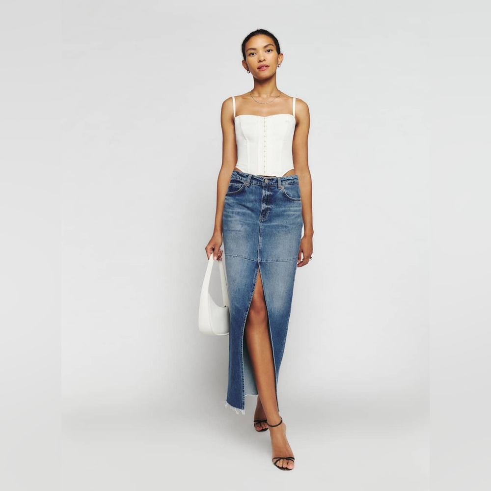 Reformation Tazz Maxi Split Front Denim Jean Skirt Medium Wash Frayed 2 / 26